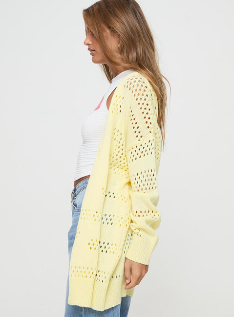 Yellow Knit cardigan Drop shoulder, ribbed cuff & hem