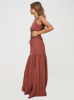 Rust Linen maxi skirt Relaxed fit, elasticated drawstring waist, tiered design