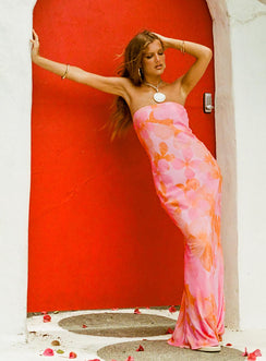Strapless maxi dress Inner silicone strip at bust, invisible zip fastening at back