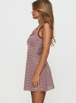 side view of model wearing Princess Polly Dasha Mini Dress Red Check Petite Square Neck 