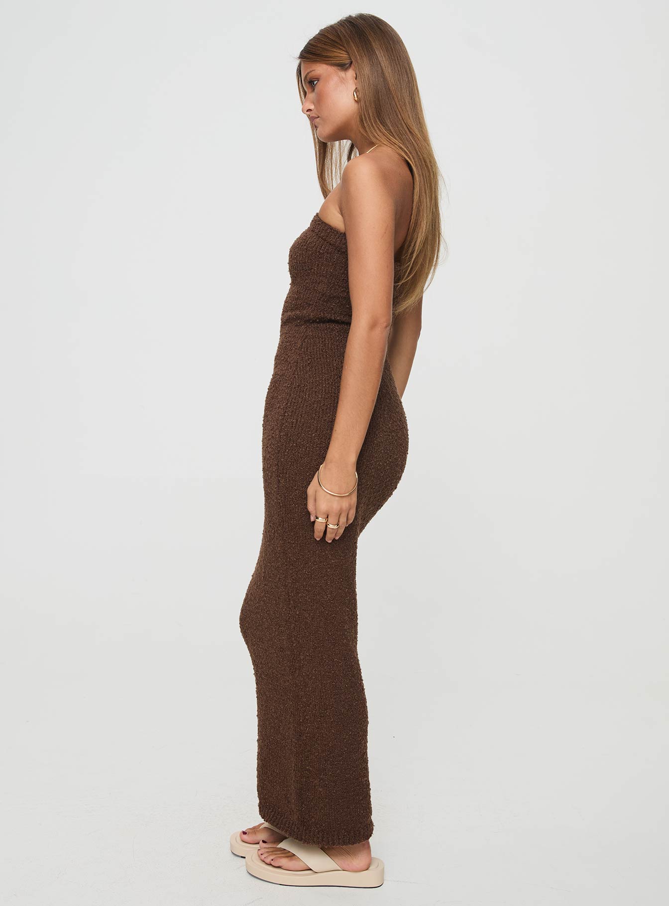 side view of model wearing Princess Polly Cloud Strapless Boucle Maxi Dress Chocolate Straight Neck 