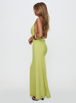 side view of model wearing Princess Polly Rhaenyra Halter Maxi Dress Green Plunger 