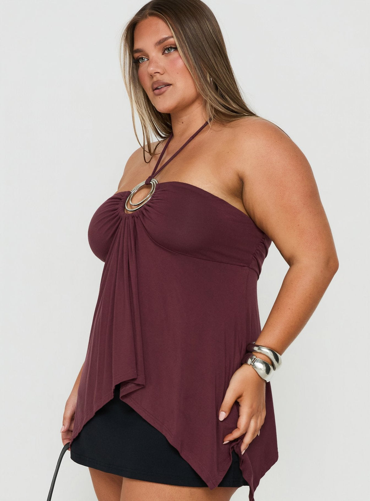 Betsey Ring Detail Tie Neck Top Burgundy Curve