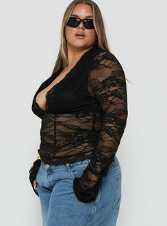Kecia Long Sleeve Lace Top Black Curve