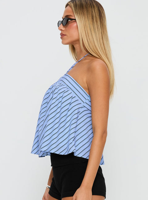 side view of model wearing Princess Polly Moonlit Top Blue Stripe Sleeveless 