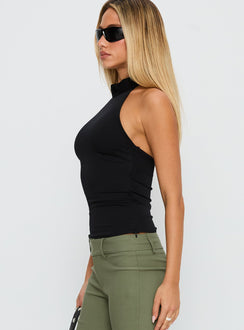 side view of model wearing Princess Polly Merril Halter Top Black Sleeveless High Neck 