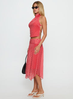   side view of model wearing Princess Polly Scenic Route Asymmetrical Midi Skirt Red Check Midi Skirts 