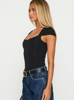 side view of model wearing Princess Polly Want You Forever Bodysuit Black Short Sleeve 