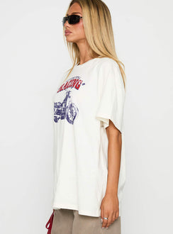 side view of model wearing Princess Polly West Coast Style Oversized Top White Half Sleeves Crew Neck 
