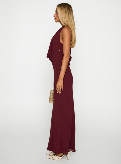 side view of model wearing Princess Polly Vortexa Halter Maxi Dress Currant Plunger 