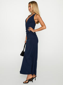 side view of model wearing Princess Polly Casino Halter Maxi Navy Plunger 