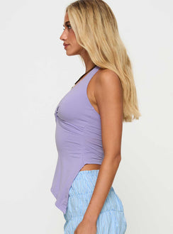 side view of model wearing Princess Polly Chilli Halter Top Lilac Sleeveless Plunger 