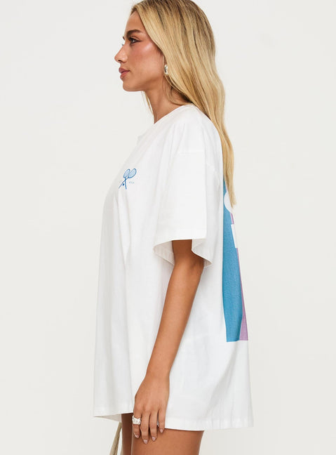 side view of model wearing Princess Polly Club Polly Oversized Tee White Half Sleeves Crew Neck 