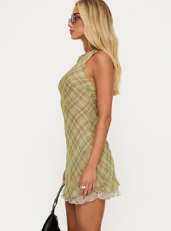 side view of model wearing Princess Polly Buffie Shoulder Mini Dress Green Check Crew Neck 