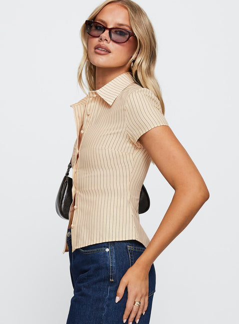 side view of model wearing Princess Polly Lift Off Button Up Top Cream / Navy Stripe Short Sleeves V-Neck 