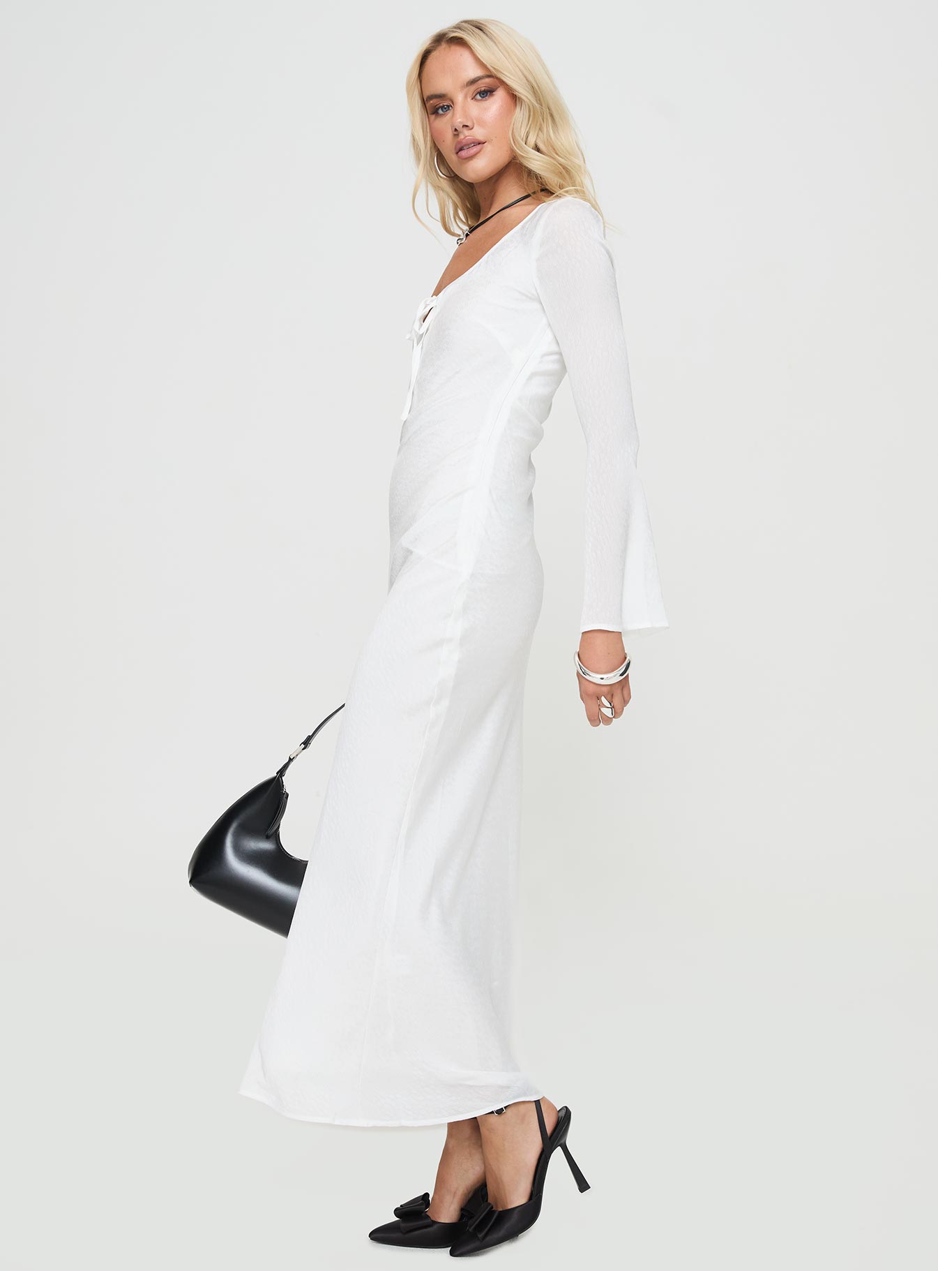 side view of model wearing Princess Polly Sorento Long Sleeve Bias Cut Maxi Dress White Scoop Neck 