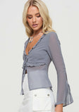 Long sleeve top  Plunging neckline, frill trim, double tie front fastening, tie detail at cuffs Non-stretch, lined bust 