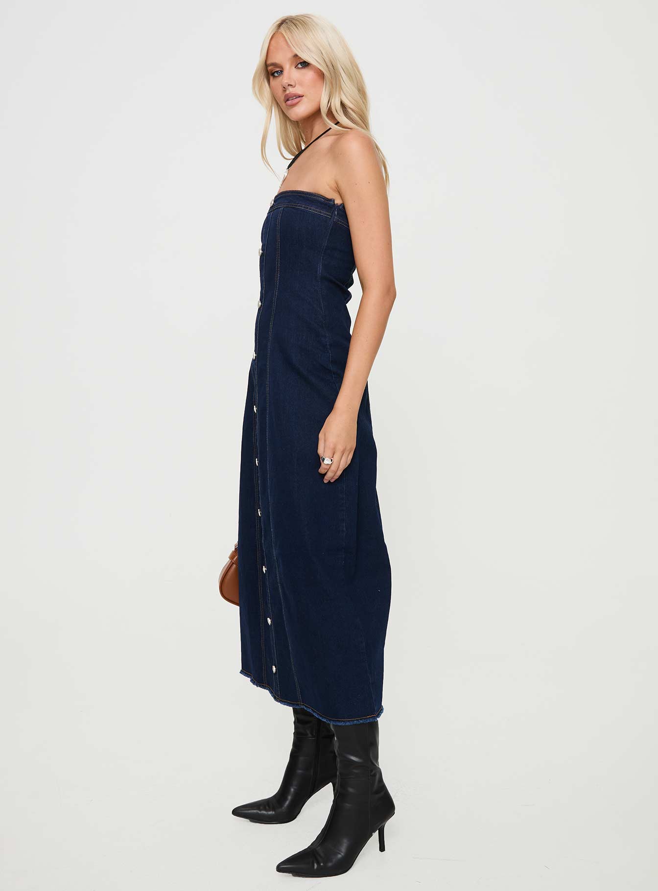 side view of model wearing Princess Polly Stoltz Denim Midi Dress Blue Straight Neck 