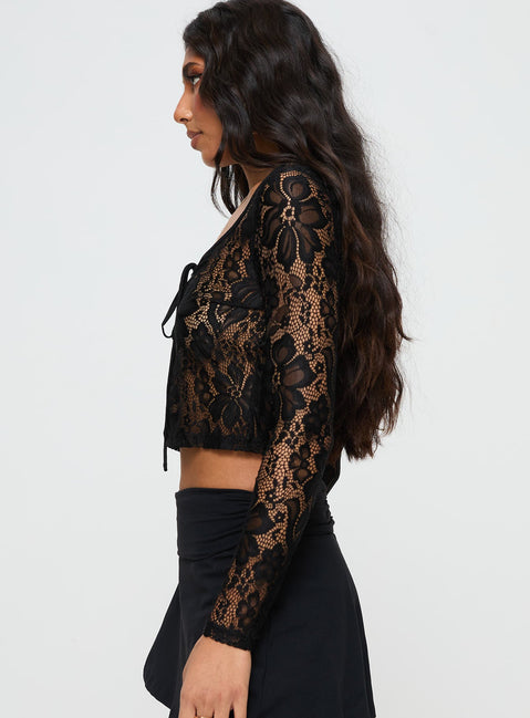 Black Long sleeve lace top Scooped neckline, tie & button fastening at bust, split hem