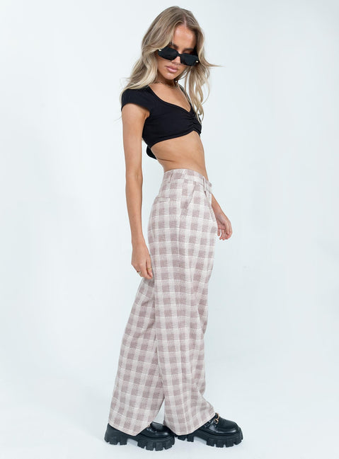 side view of model wearing Princess Polly Mulholland Pants Beige Plaid 