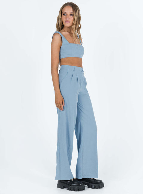 Matching set blue Soft brushed material Crop top Invisible zip fastening at side High waisted pants Wide relaxed leg Belt loops at waist Zip & button fastening Non-stretch Lined top