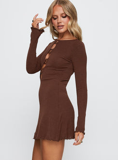 side view of model wearing Princess Polly Dejonge Ring Mini Dress Brown Crew Neck 