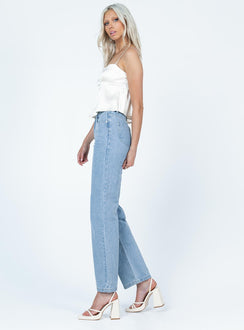 side view of model wearing Princess Polly Maverick Mid Waist Jean Denim High Waisted 