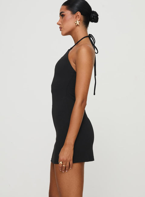 side view of model wearing Princess Polly Maiyo Halter Mini Dress Black 