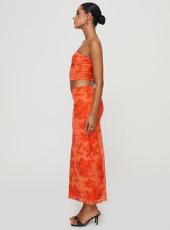 Floral two piece set Strapless crop top, inner silicone strip at bust Low rise maxi skirt Good stretch, fully lined Princess Polly Lower Impact 