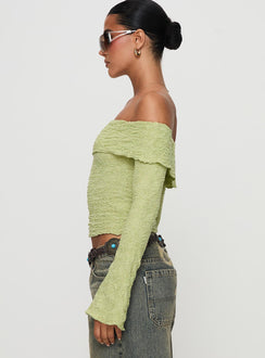side view of model wearing Princess Polly Back With Love Off Shoulder Long Sleeve Top Green Full Sleeves straight 