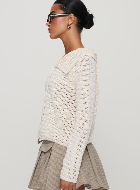 side view of model wearing Princess Polly Tuscon Crochet Sweater White cropped 