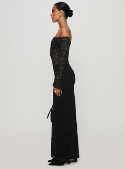 side view of model wearing Princess Polly Pinot Grigio Long Sleeve Lace Maxi Dress Black Straight Neck 