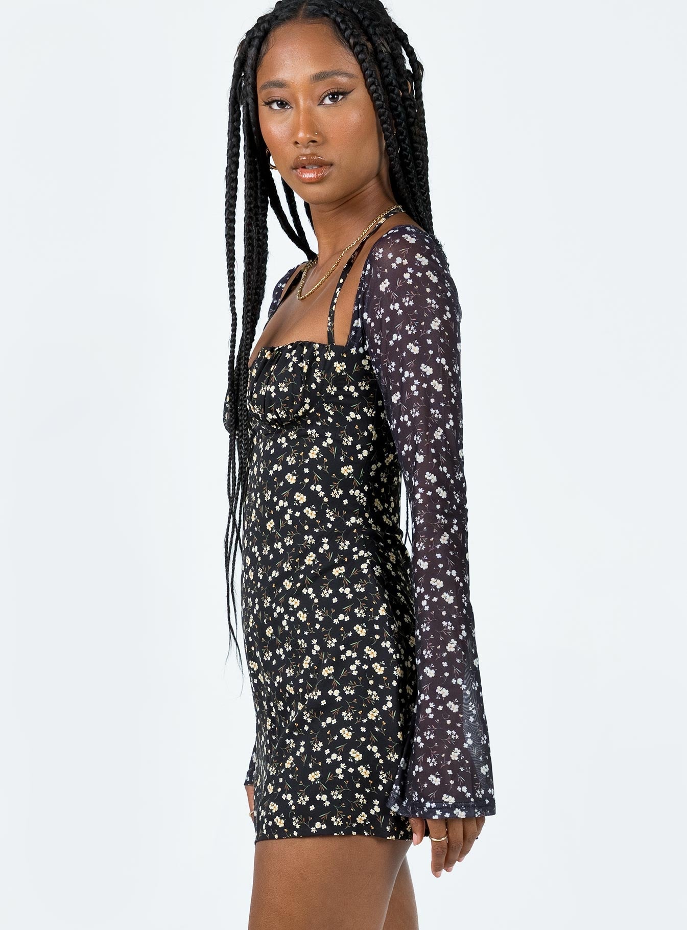 product Princess Polly High Neck  Dyer Sheer Sleeve Mini Dress Black Floral