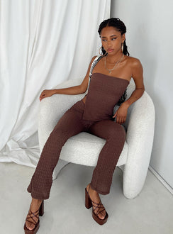 Matching set Popcorn material Strapless top Inner silicone strip at bust Side slit detail Invisible zip fastening at side Pants Elasticated waistband