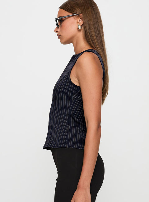 side view of model wearing Princess Polly Running Wild Top Blue Stripe Sleeveless Crew Neck 