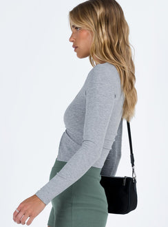 Grey long sleeve top Ribbed material Square neckline Button fastening at front Good stretch Unlined 