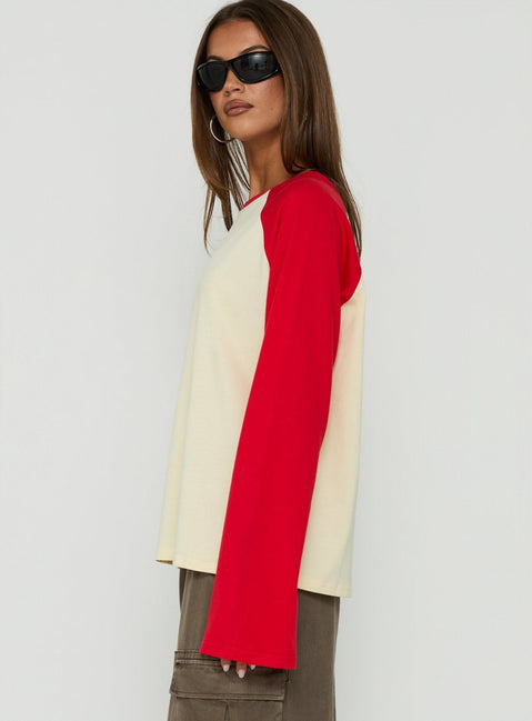Settle Down Long Sleeve Raglan Top Lemon / Red