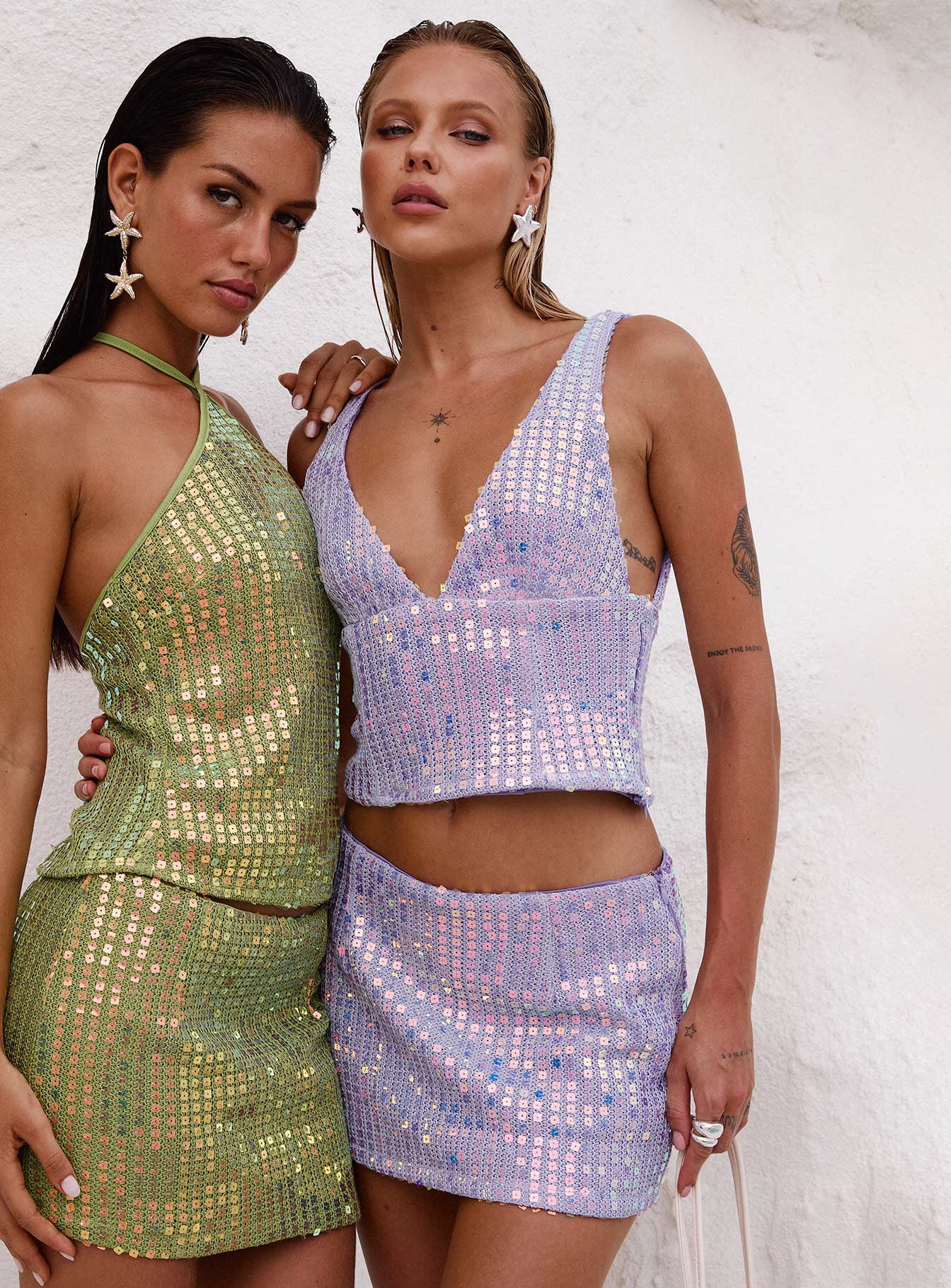 front view of model wearing Princess Polly Headliner Shimmer Top Purple Sleeveless Plunger 