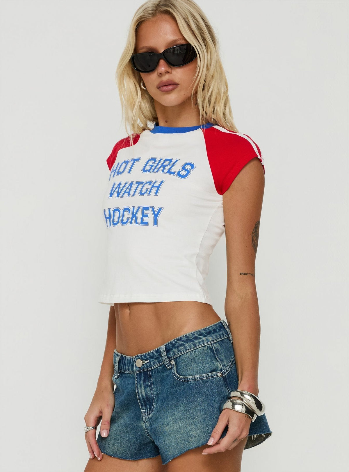 Hot Girls Watch Hockey Graphic Baby Tee Multi