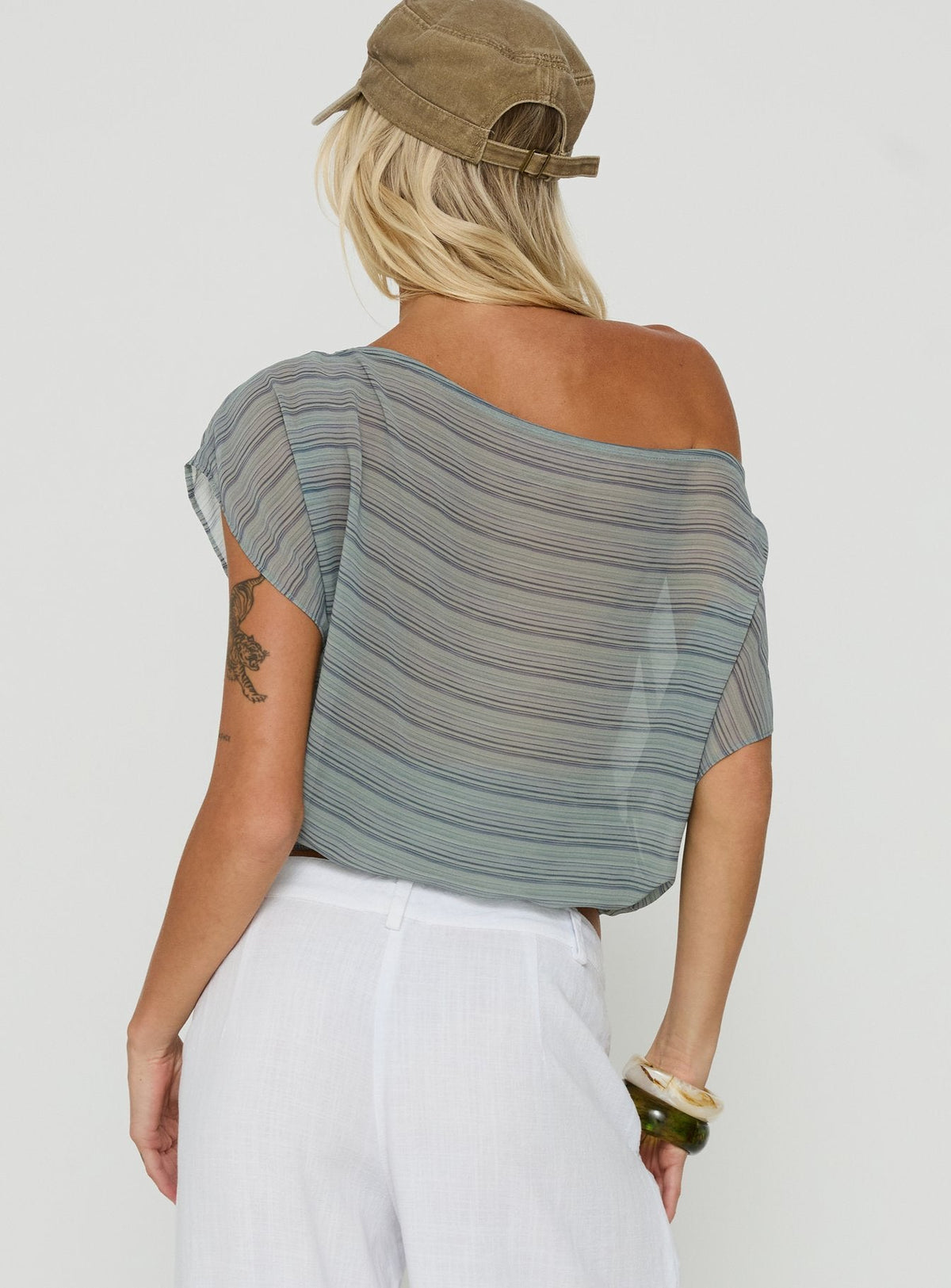 Lindenn Off Shoulder Sheer Top Grey Stripe