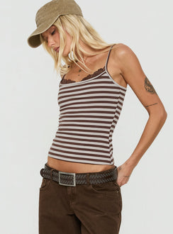 Spring To Summer Lace Trim Top Grey / Brown Stripe