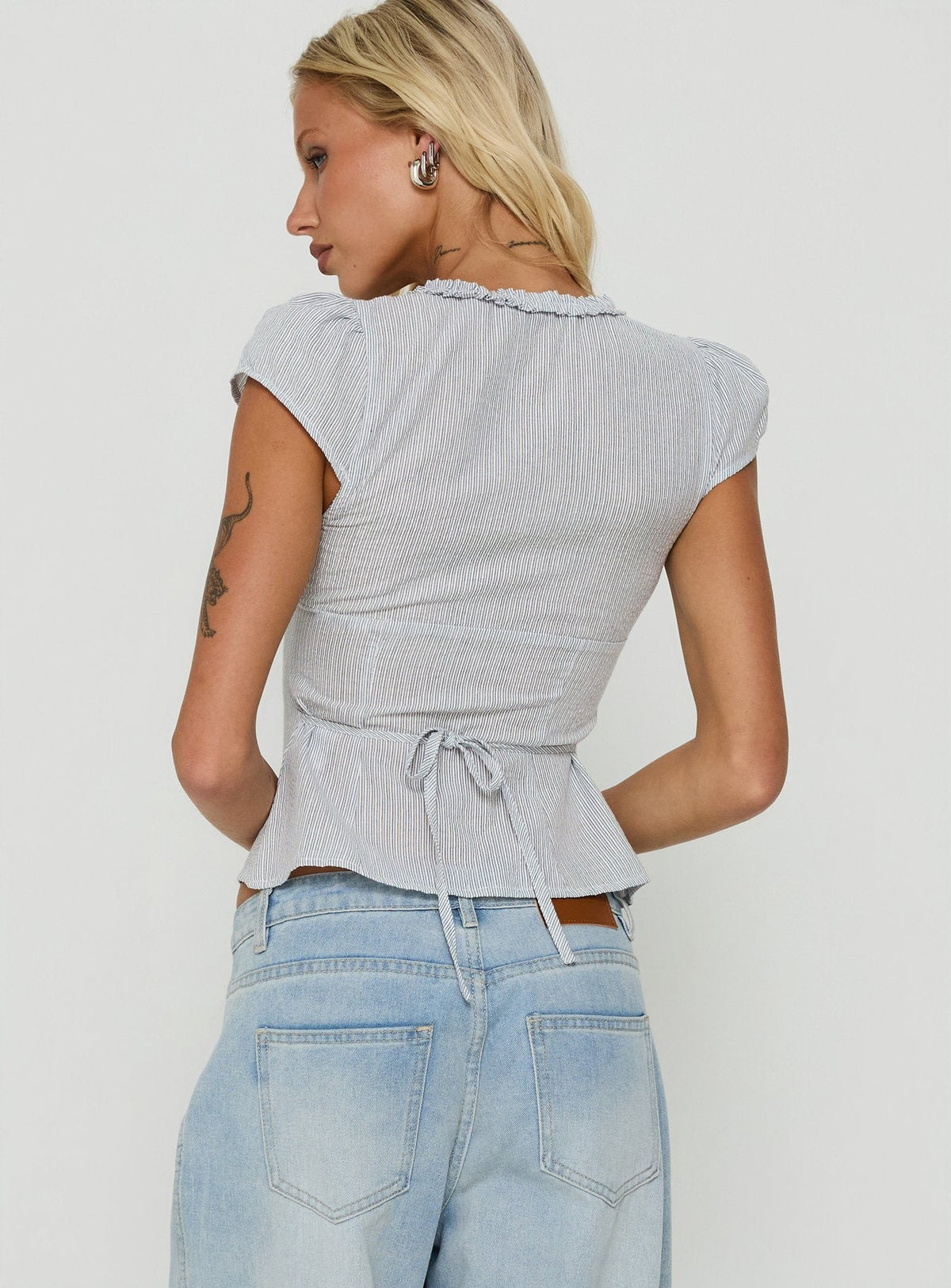 Kalysa Ruffle Short Sleeve Blouse Top Black Stripe