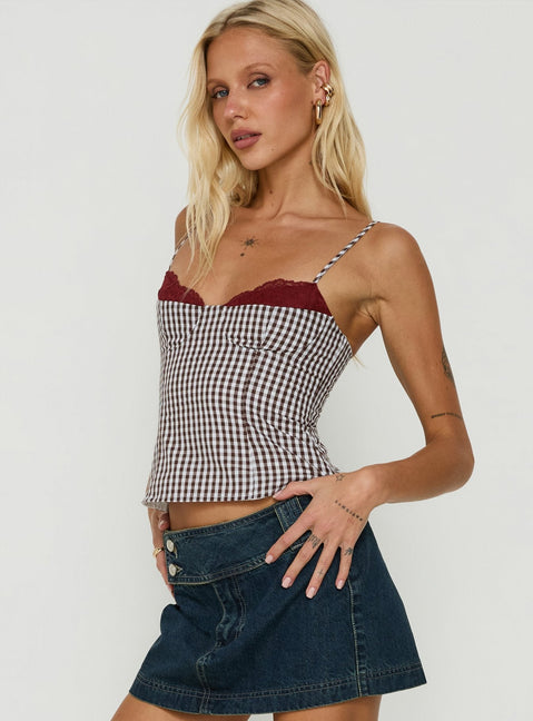 Baby Steps Spliced Bust Detail Cami Top Brown Gingham