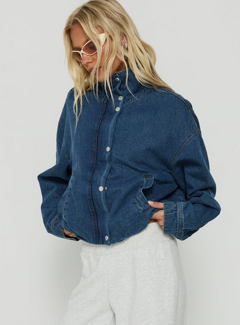Soja Denim Funnel Neck Jacket Mid Blue Wash