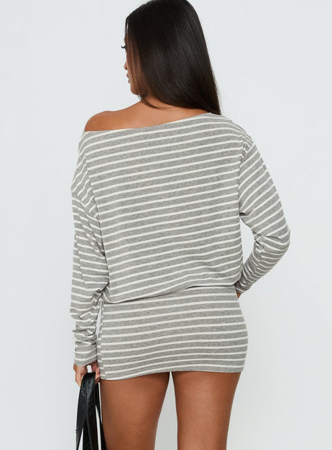 Worlds Away Long Sleeve Blouson Mini Dress Grey / White Stripe