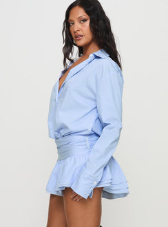 side view of model wearing Princess Polly Girls Girls Girls Mini Dress Blue V-Neck 