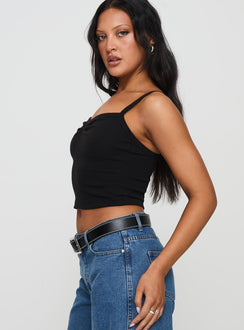 side view of model wearing Princess Polly Essentials Ruched Rib Cami Top Black Sleeveless Sweetheart 