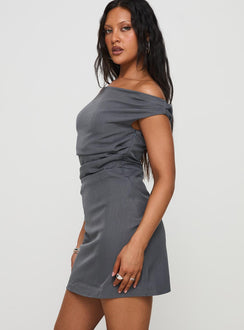 side view of model wearing Princess Polly Horizons Mini Dress Grey Straight Neck 