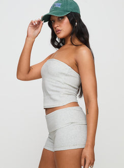 side view of model wearing Princess Polly Baseline Strapless Rib Top Grey Sleeveless straight 