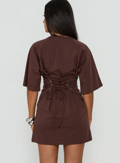 Enzia Raglan Lace Up Mini Dress Brown